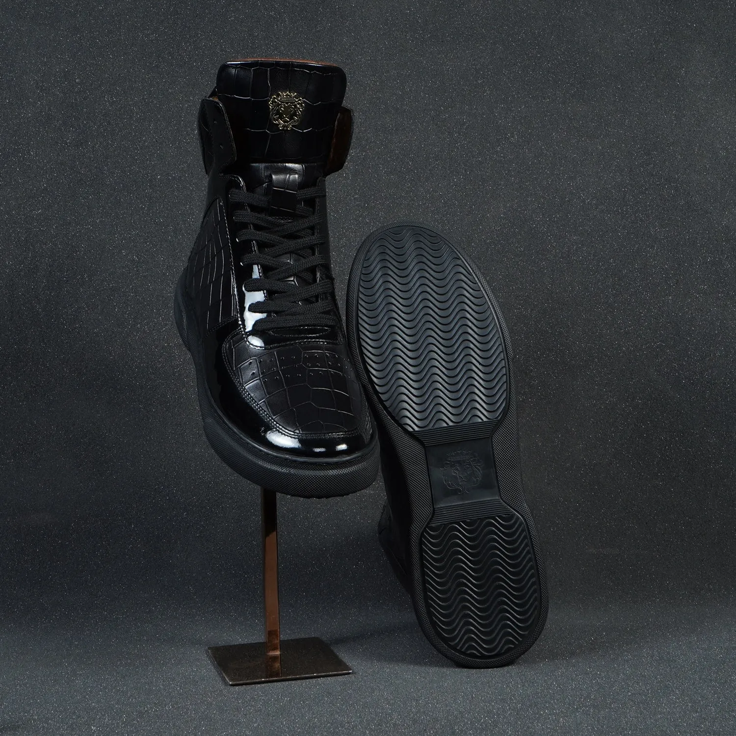 Patent Leather Detailing High Top Sneakers in Black Deep Cut Leather