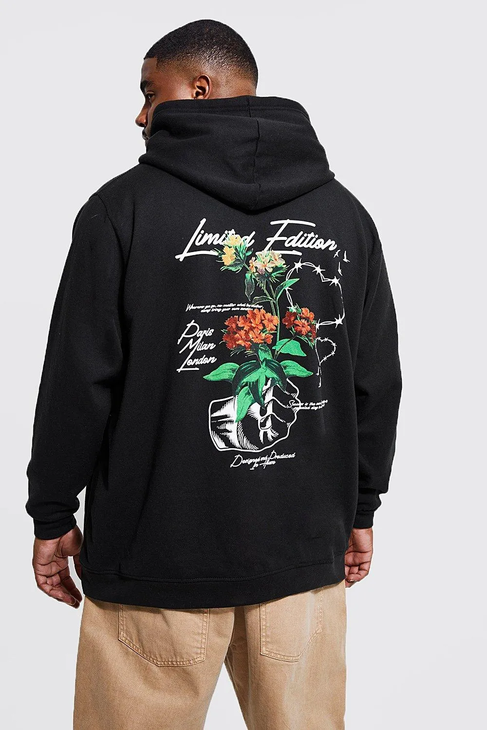 Plus Floral Hand Back Print Hoodie | boohooMAN UK