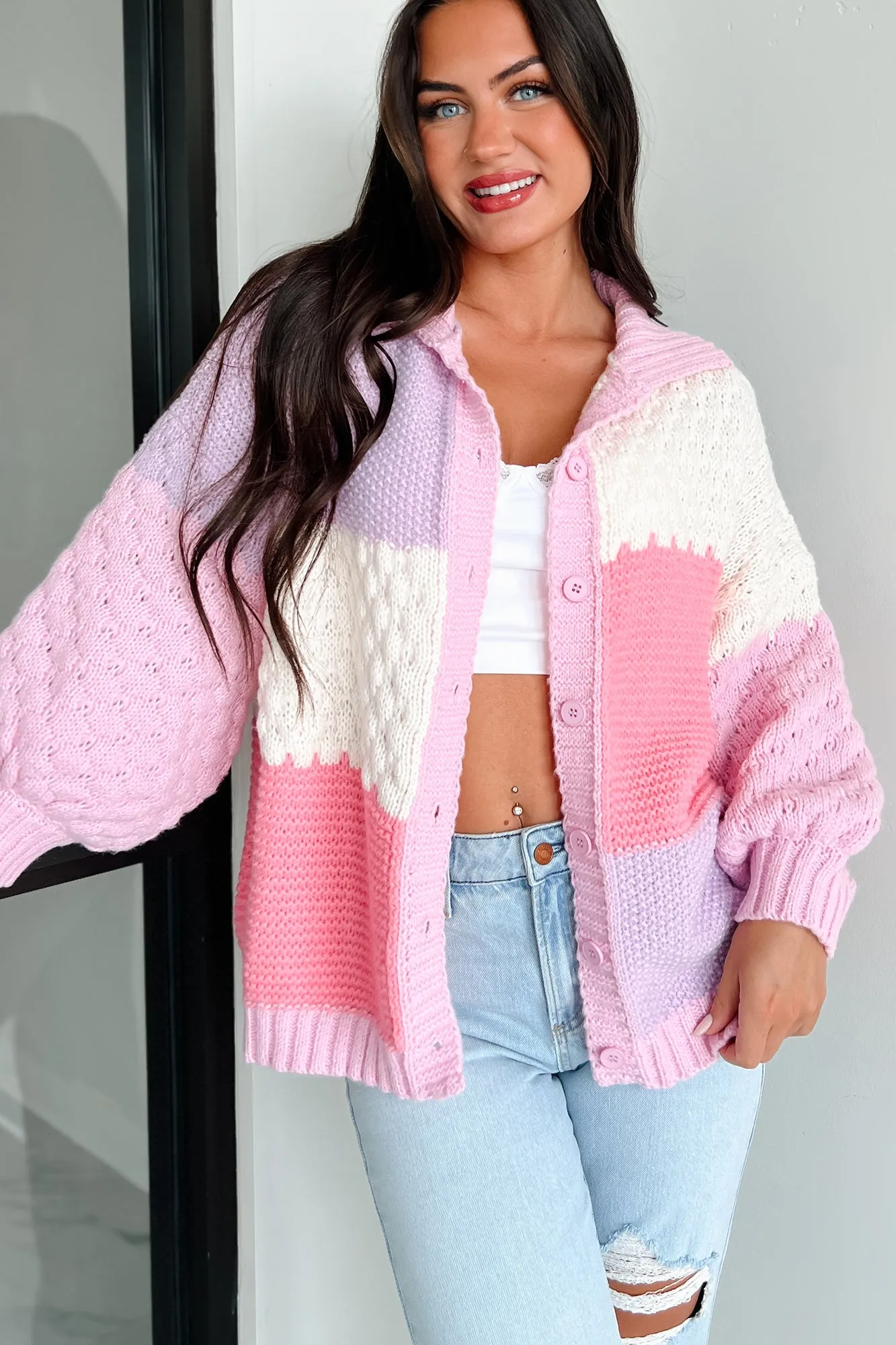 Pretty Ideal Colorblock Sweater Cardigan (Pink/Multi)