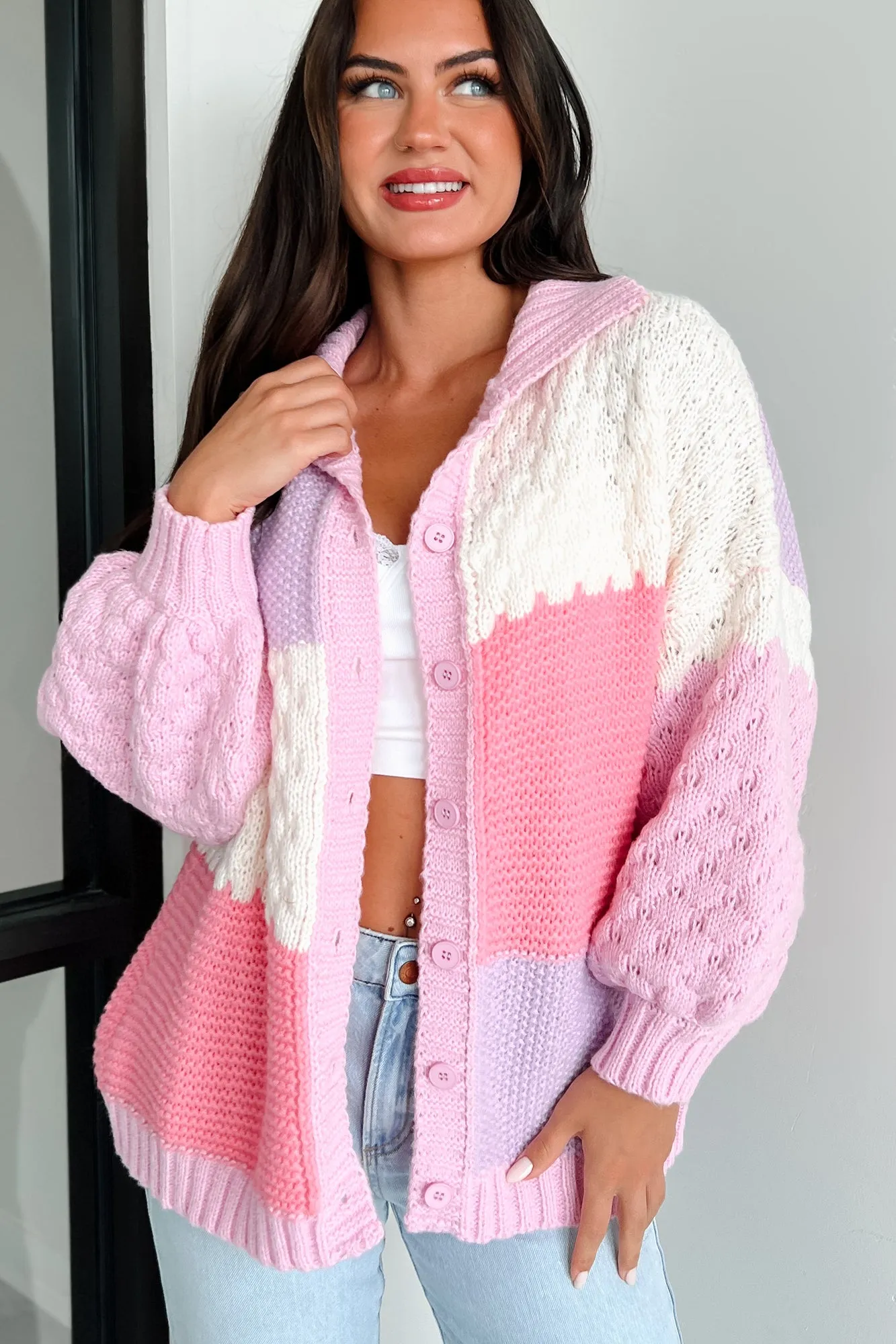 Pretty Ideal Colorblock Sweater Cardigan (Pink/Multi)