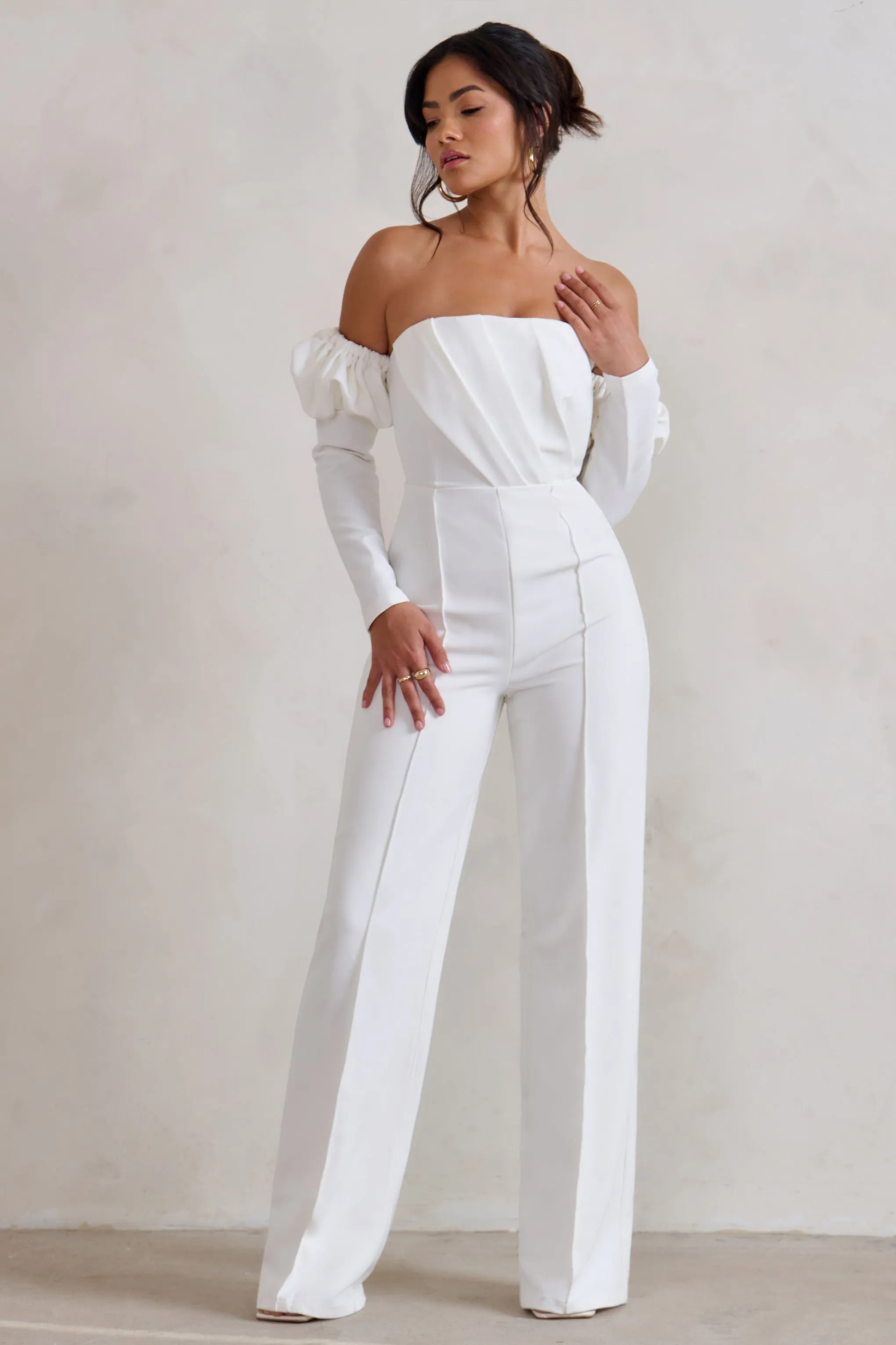 Reema | White Bardot Puff Long Sleeve Jumpsuit