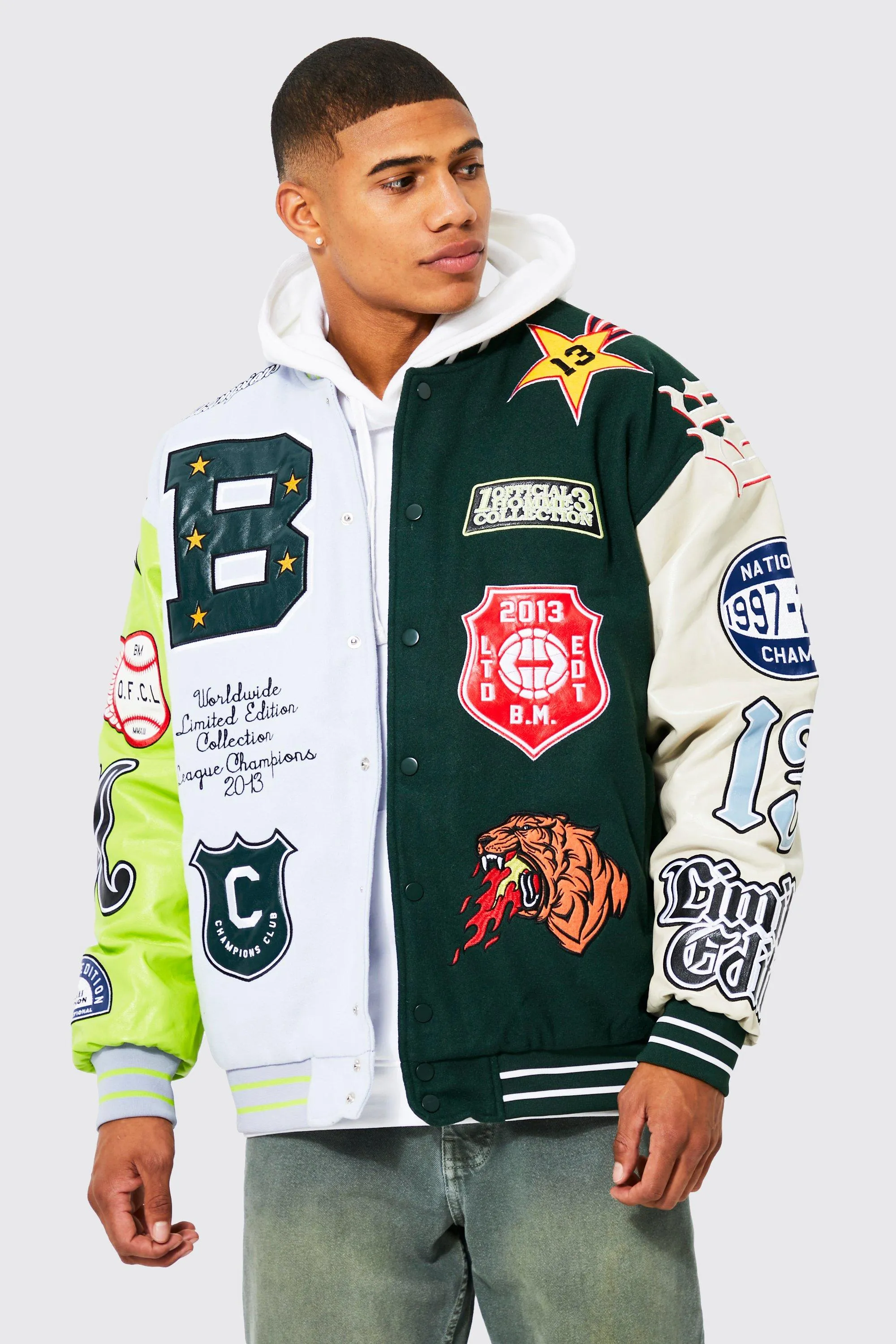 Spliced Back Tiger Badge Varsity Jacket | boohooMAN UK