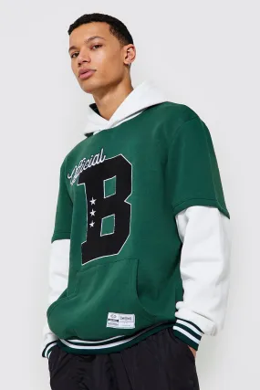 Tall Faux Layer Varsity Print Hoodie | boohooMAN UK