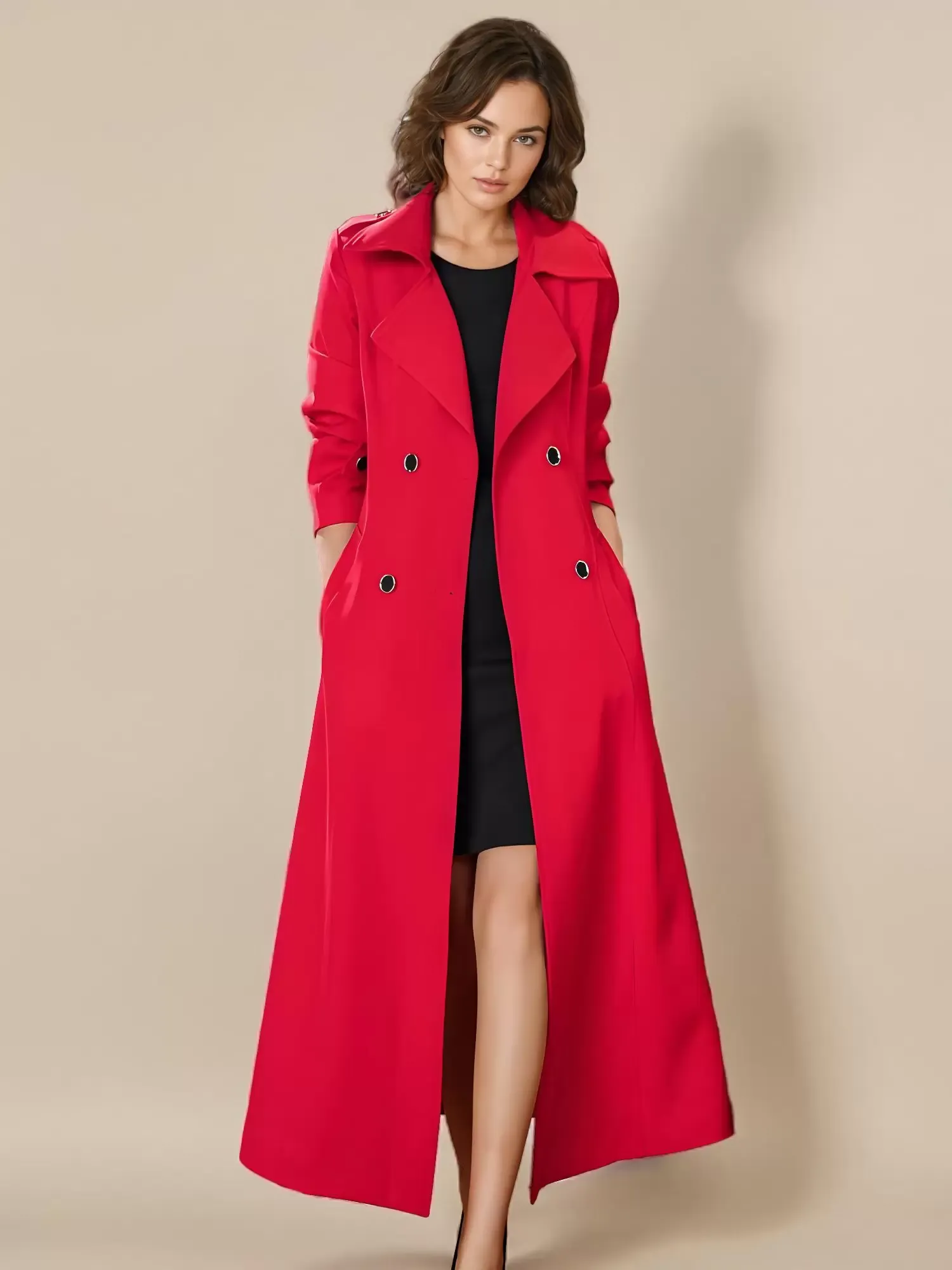 Trench Coat For Woman Good Quality Buttons Turndown Collar Long Sleeves Polyester Front Button