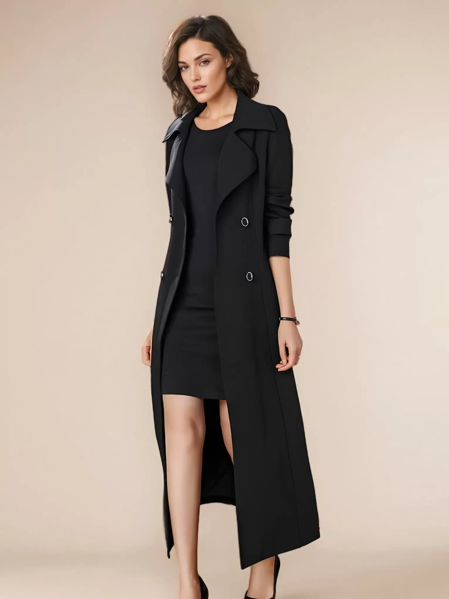 Trench Coat For Woman Good Quality Buttons Turndown Collar Long Sleeves Polyester Front Button