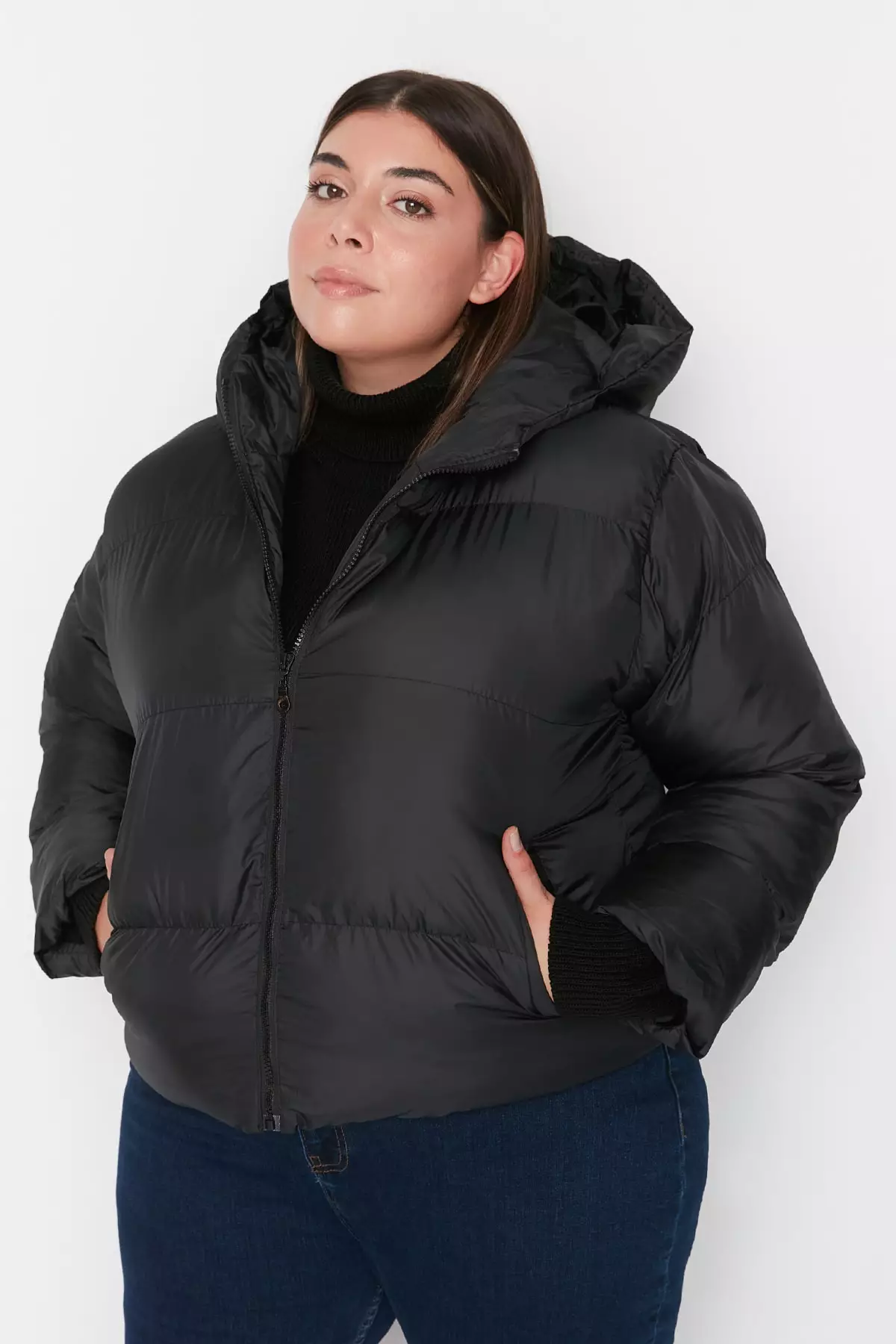 Trendyol Plus Size Black Hooded Inflatable Coat