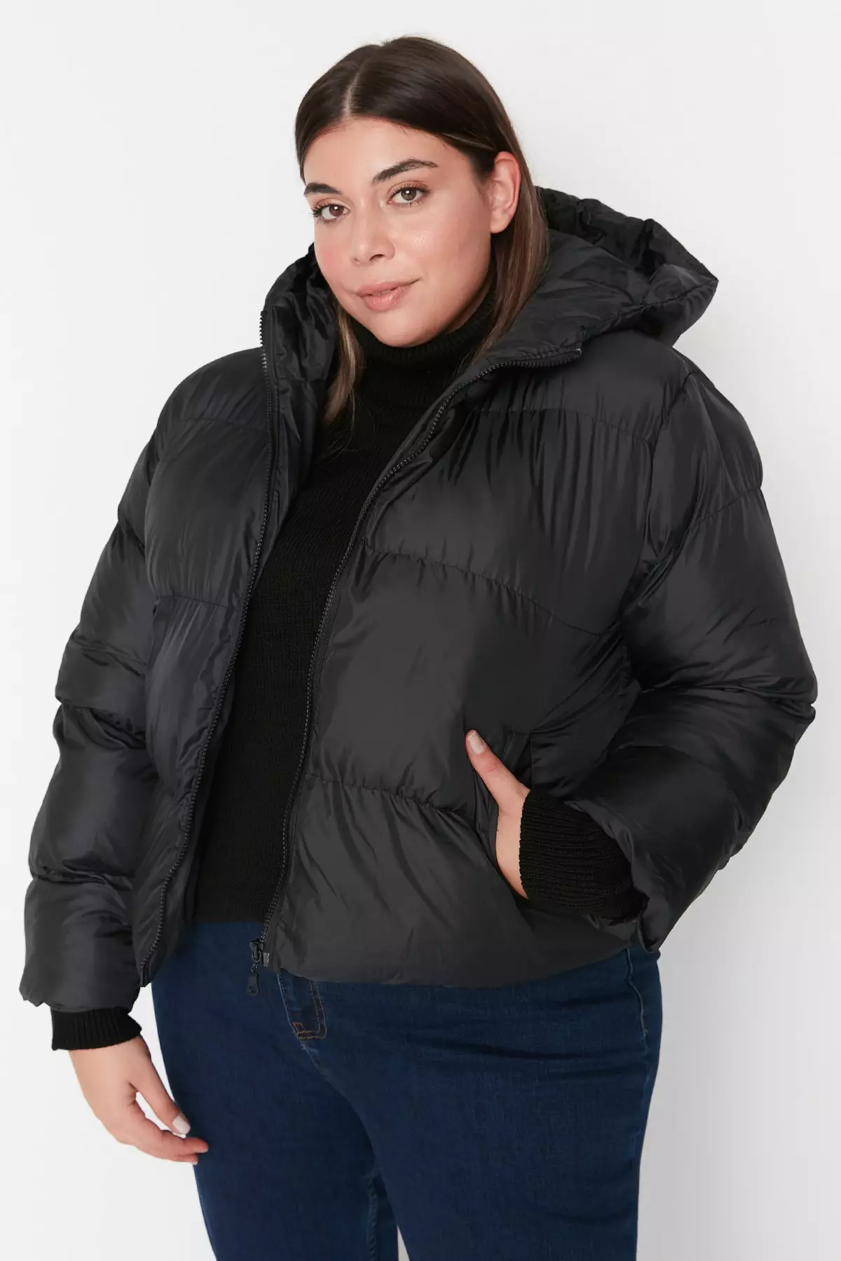 Trendyol Plus Size Black Hooded Inflatable Coat