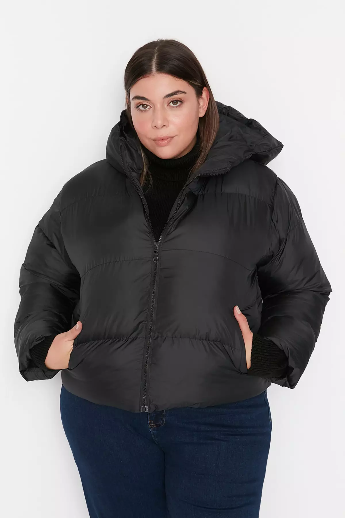 Trendyol Plus Size Black Hooded Inflatable Coat