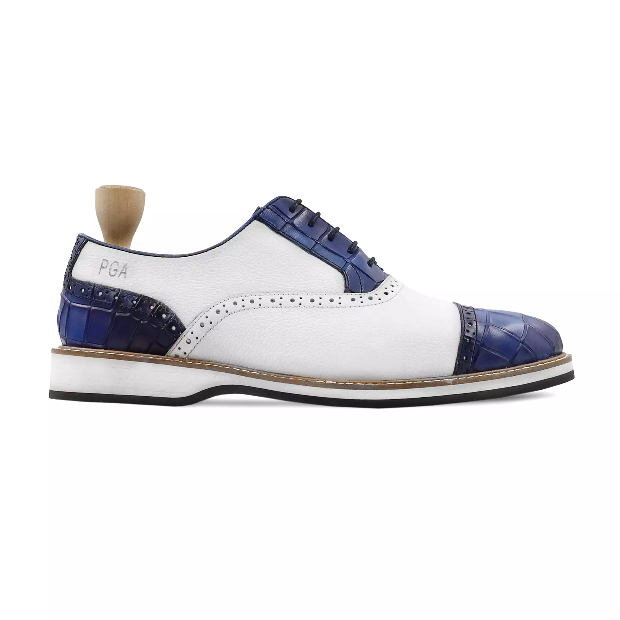 Trosa - Men's White Calf and Blue Printed Crocodile Printed Leather Oxford Shoe