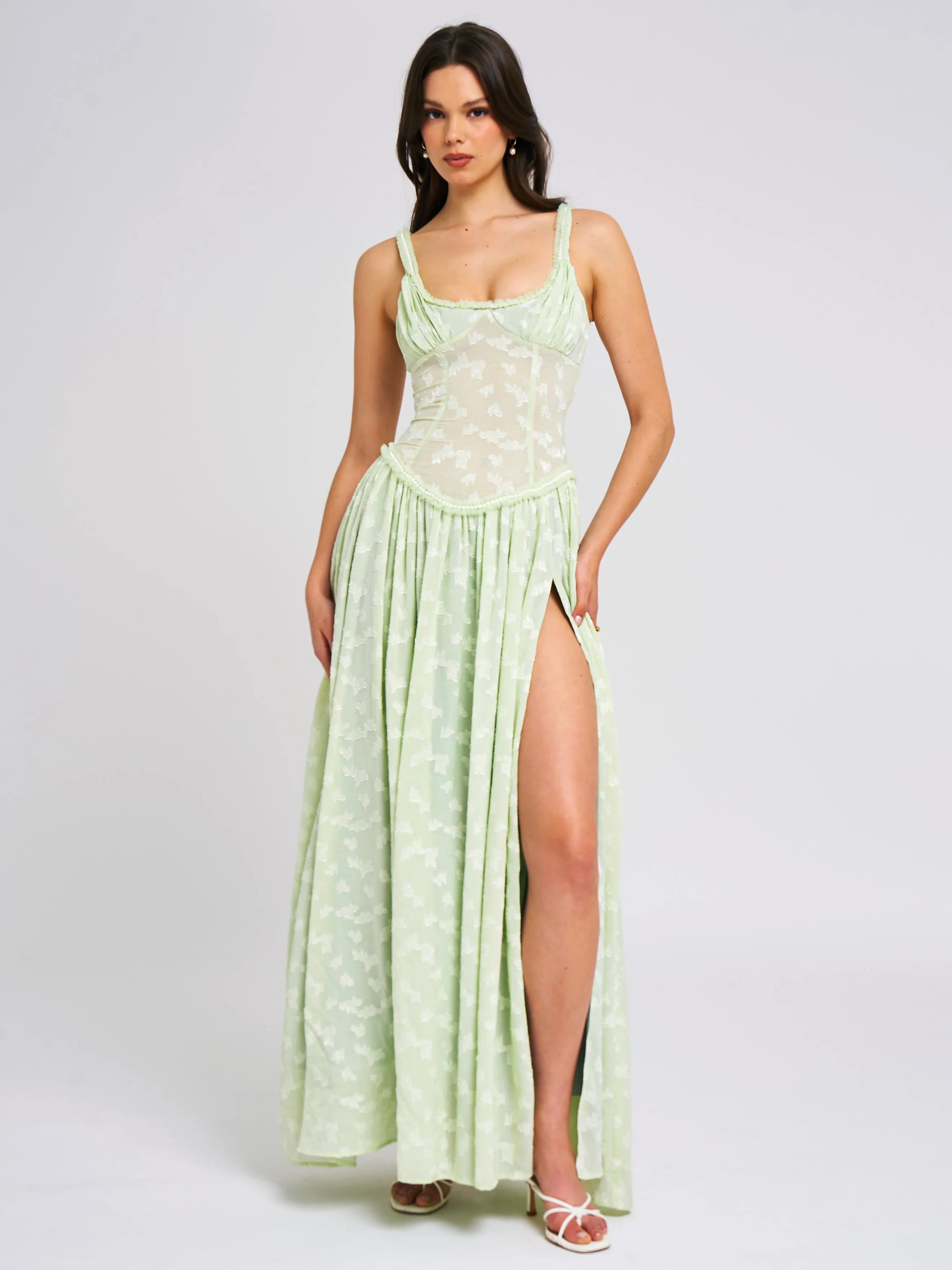 Ulissa Light Green Square Neck Jacquard Textured High Slit Maxi Dress