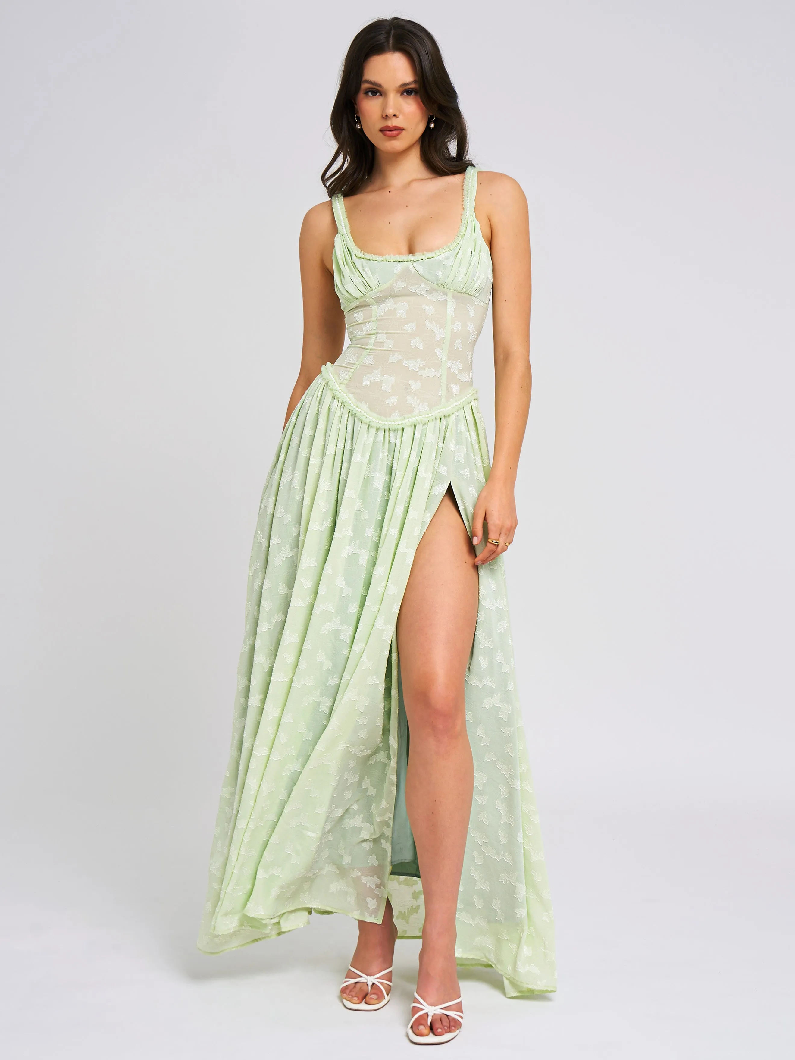 Ulissa Light Green Square Neck Jacquard Textured High Slit Maxi Dress