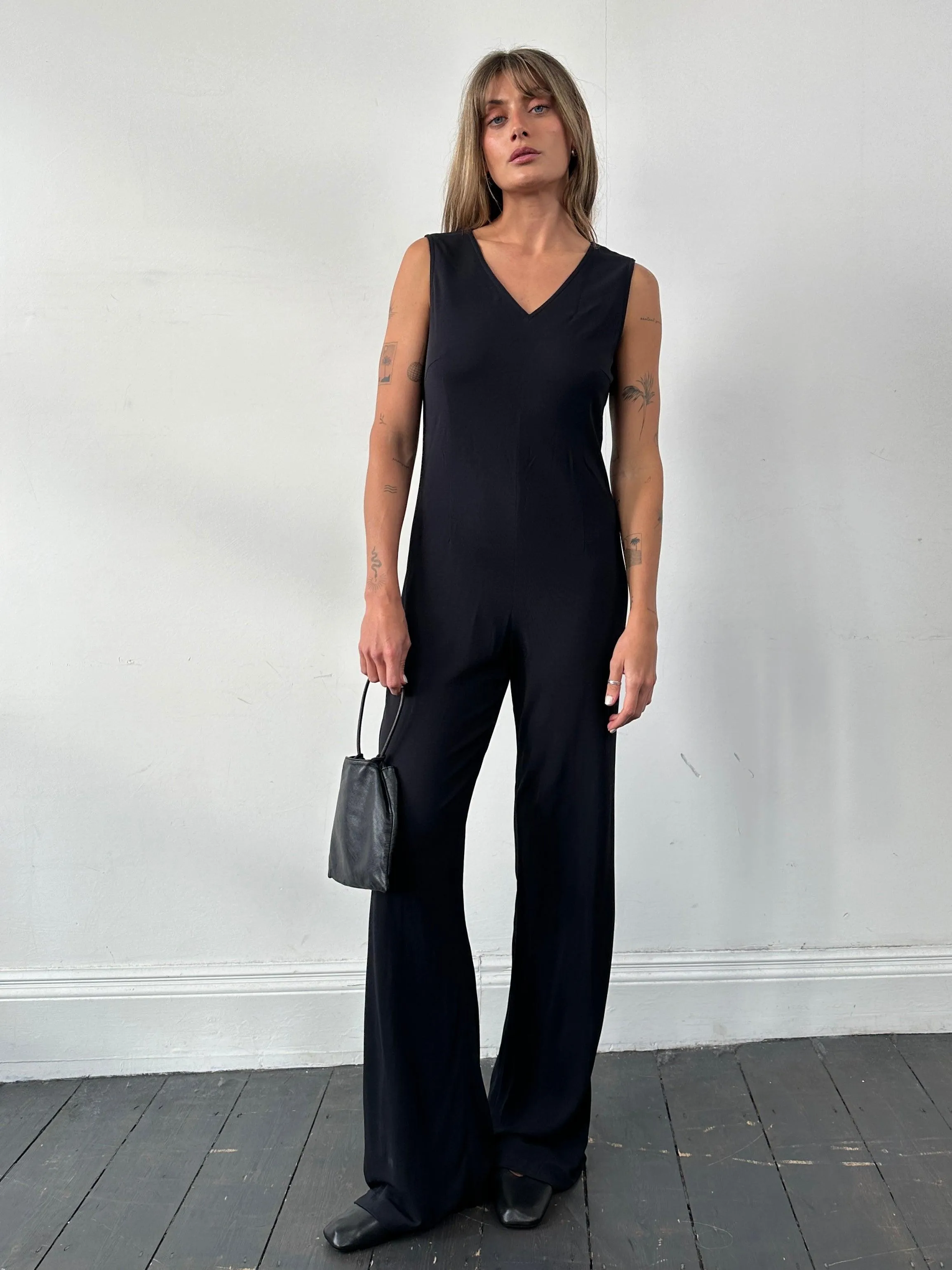 Vintage 80s V Neck Stretch Jumpsuit - S/M