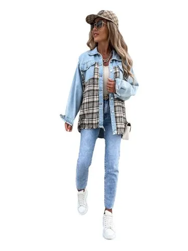 Women's Vintage Style Plaid Single Breasted Coat Denim Jacket