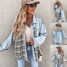 Women's Vintage Style Plaid Single Breasted Coat Denim Jacket