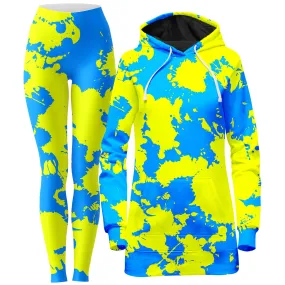 Yellow and Blue Paint Splatter Hoodie Dress and Leggings Combo